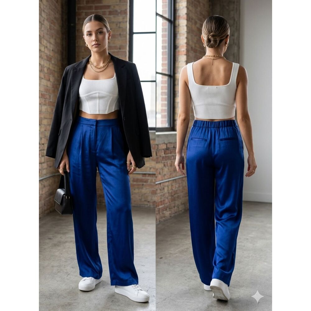 Abercrombie & Fitch Satin Wide Leg Pants Women's Sz M Blue Pleated High Rise - Picture 8 of 8